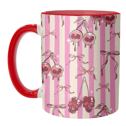 Pink Cherry Skulls Stripes Coquette Bows Illustration - unique mug by EZbie