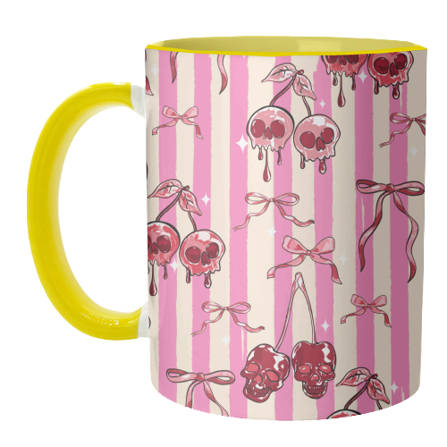Pink Cherry Skulls Stripes Coquette Bows Illustration - unique mug by EZbie