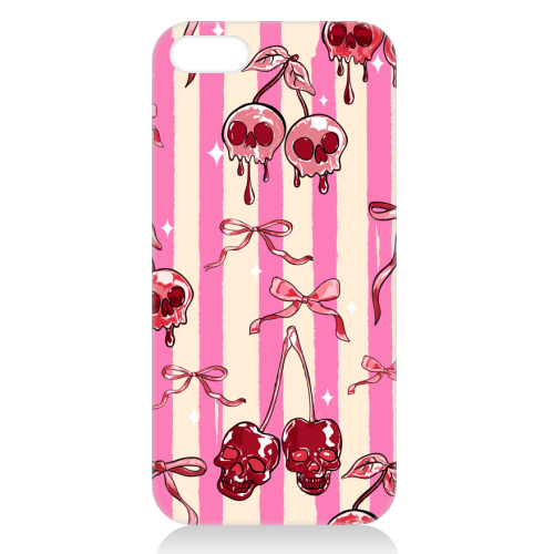 Pink Cherry Skulls Stripes Coquette Bows Illustration - unique phone case by EZbie