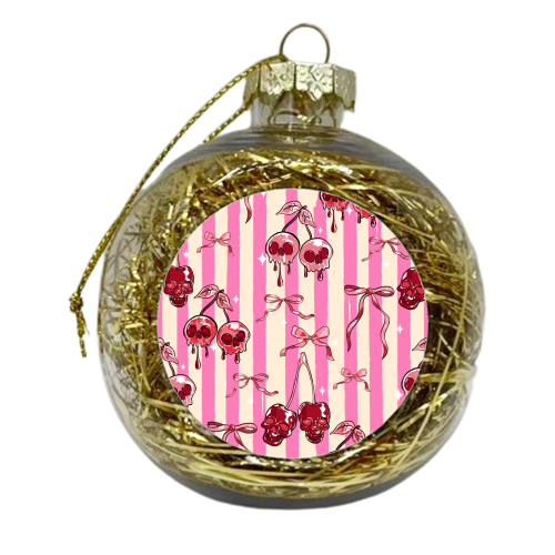Pink Cherry Skulls Stripes Coquette Bows Illustration - xmas bauble by EZbie