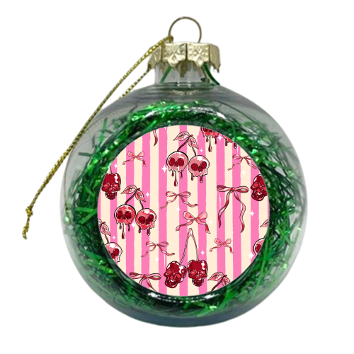 Pink Cherry Skulls Stripes Coquette Bows Illustration - xmas bauble by EZbie
