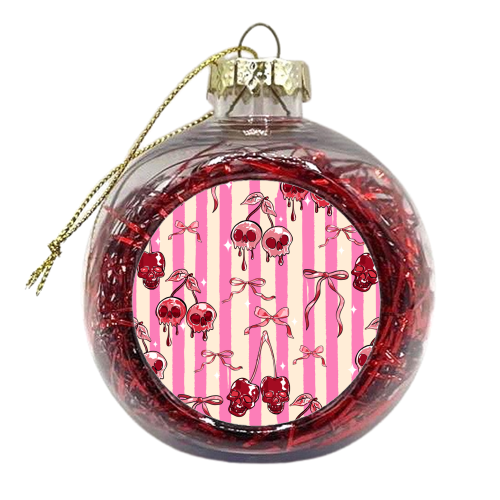 Pink Cherry Skulls Stripes Coquette Bows Illustration - xmas bauble by EZbie