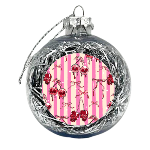 Pink Cherry Skulls Stripes Coquette Bows Illustration - xmas bauble by EZbie
