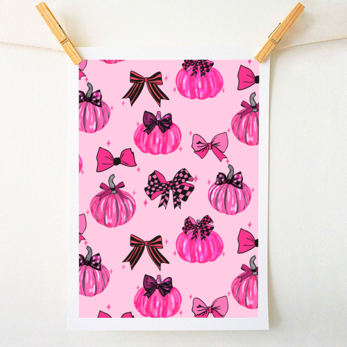 Pink Coquette Pumpkins and Bows Pattern - A1 - A4 art print by EZbie