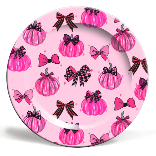 Pink Coquette Pumpkins and Bows Pattern - ceramic dinner plate by EZbie