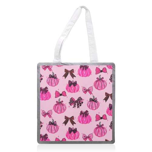 Pink Coquette Pumpkins and Bows Pattern - printed canvas tote bag by EZbie