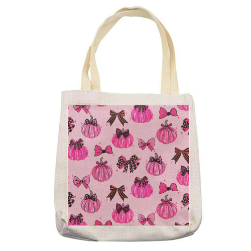 Pink Coquette Pumpkins and Bows Pattern - printed canvas tote bag by EZbie