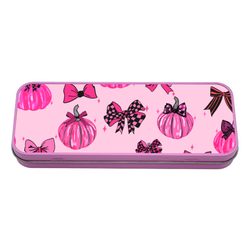 Pink Coquette Pumpkins and Bows Pattern - tin pencil case by EZbie