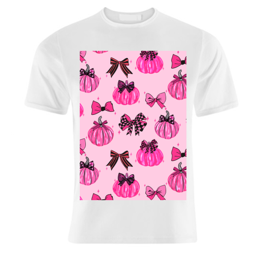 Pink Coquette Pumpkins and Bows Pattern - unique t shirt by EZbie