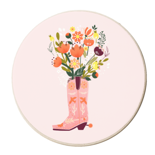 Pink Cowboy Boot and Wild Flower Bouquet - personalised beer coaster by Ania Wieclaw