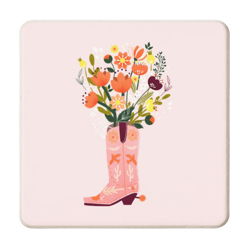 Pink Cowboy Boot and Wild Flower Bouquet - personalised beer coaster by Ania Wieclaw
