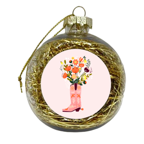 Pink Cowboy Boot and Wild Flower Bouquet - xmas bauble by Ania Wieclaw