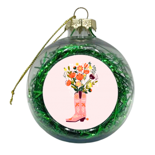Pink Cowboy Boot and Wild Flower Bouquet - xmas bauble by Ania Wieclaw
