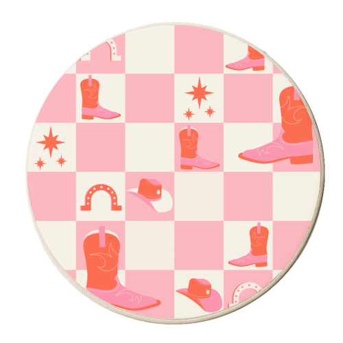 Pink Cowgirl Check Aesthetic - personalised beer coaster by EZbie