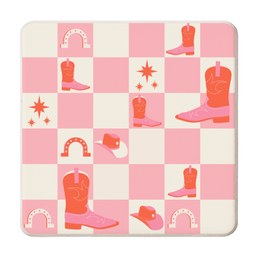 Pink Cowgirl Check Aesthetic - personalised beer coaster by EZbie