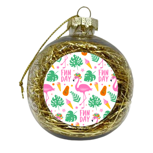 Pink Flamingo Fun Vacation - xmas bauble by Eunice Buchanan