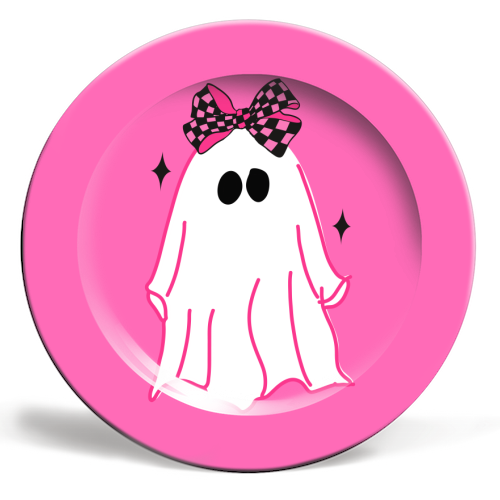 Pink Halloween Ghost - ceramic dinner plate by EZbie