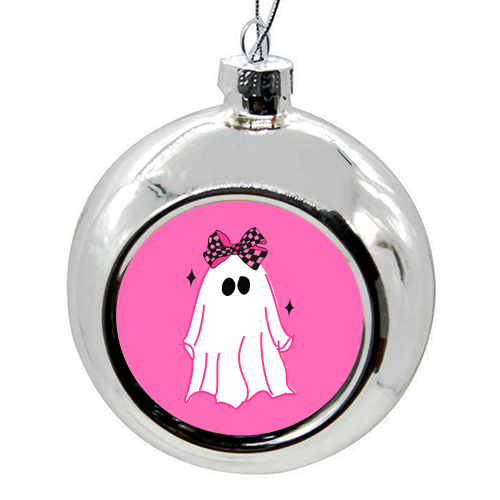 Pink Halloween Ghost - colourful christmas bauble by EZbie