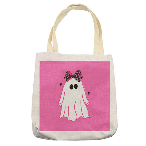Pink Halloween Ghost - printed canvas tote bag by EZbie
