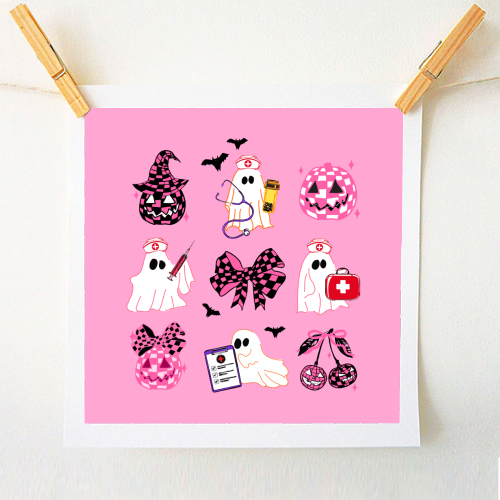 Pink Halloween Nurse Ghost Coquette - A1 - A4 art print by EZbie