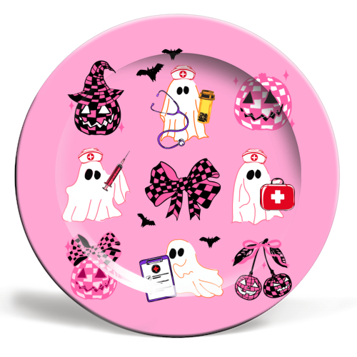 Pink Halloween Nurse Ghost Coquette - ceramic dinner plate by EZbie
