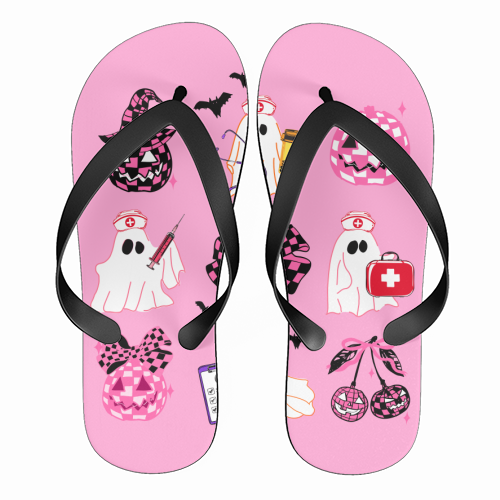 Pink Halloween Nurse Ghost Coquette - funny flip flops by EZbie