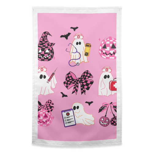 Pink Halloween Nurse Ghost Coquette - funny tea towel by EZbie