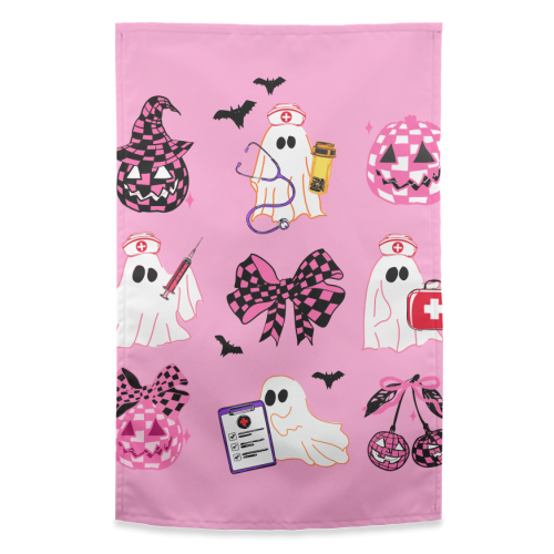 Pink Halloween Nurse Ghost Coquette - funny tea towel by EZbie