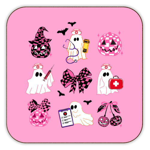 Pink Halloween Nurse Ghost Coquette - personalised beer coaster by EZbie