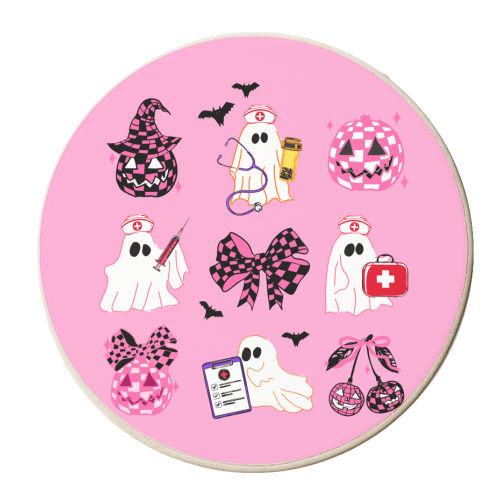 Pink Halloween Nurse Ghost Coquette - personalised beer coaster by EZbie