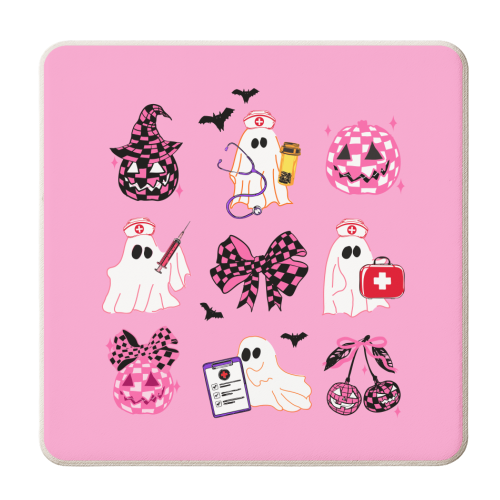 Pink Halloween Nurse Ghost Coquette - personalised beer coaster by EZbie