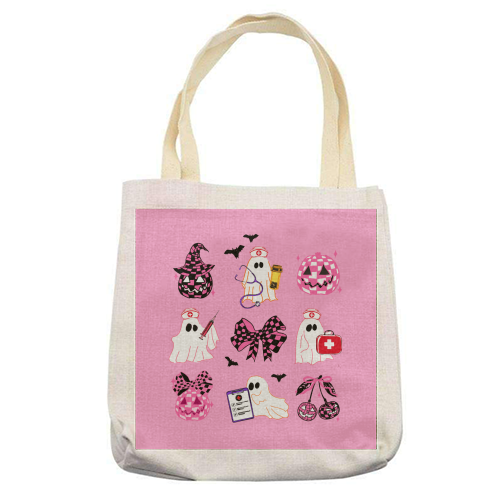 Pink Halloween Nurse Ghost Coquette - printed canvas tote bag by EZbie
