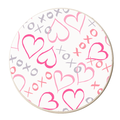 Pink Hearts, XOXO white - personalised beer coaster by MitaDreamDesigns