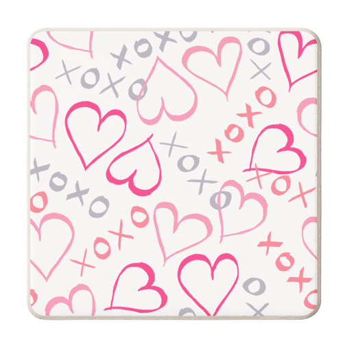 Pink Hearts, XOXO white - personalised beer coaster by MitaDreamDesigns