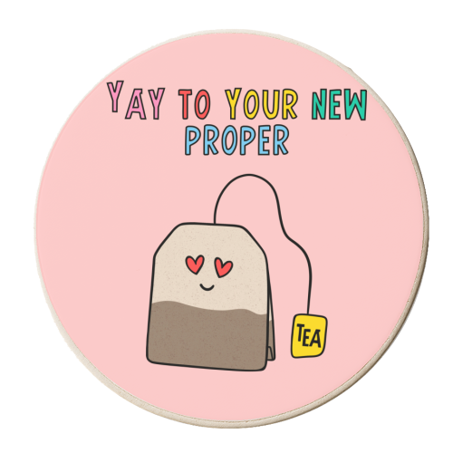 Pink New Property tea Pun Cute Design - yay - personalised beer coaster by Lisa Wardle