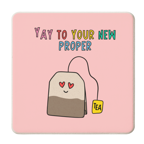 Pink New Property tea Pun Cute Design - yay - personalised beer coaster by Lisa Wardle
