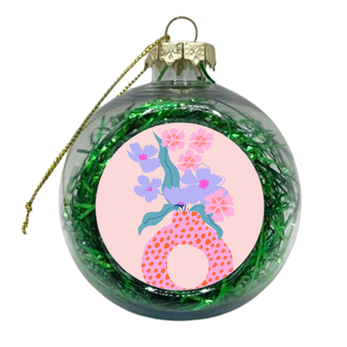 Pink & orange flowers in vase - xmas bauble by Georgia B Designs