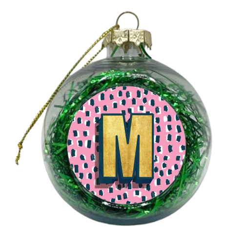 Pink Polka Dot Monogram M - xmas bauble by Nichola Cowdery