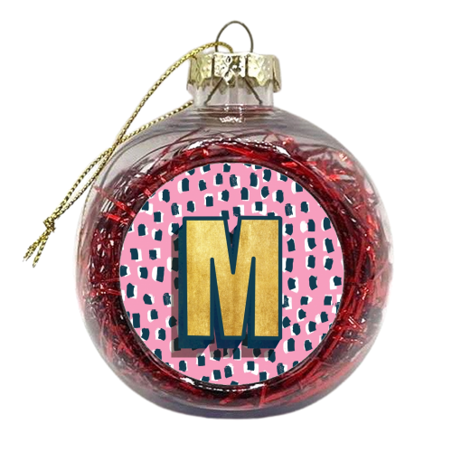 Pink Polka Dot Monogram M - xmas bauble by Nichola Cowdery