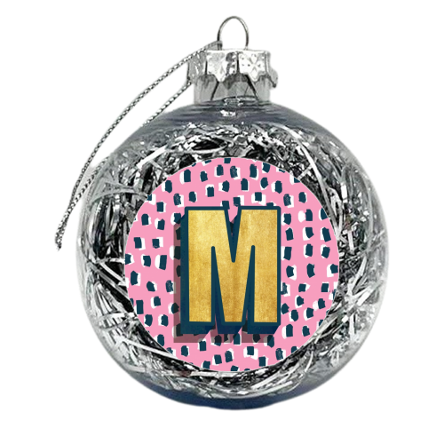 Pink Polka Dot Monogram M - xmas bauble by Nichola Cowdery