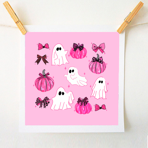Pink Pumpkin and Ghost Coquette Pattern - A1 - A4 art print by EZbie
