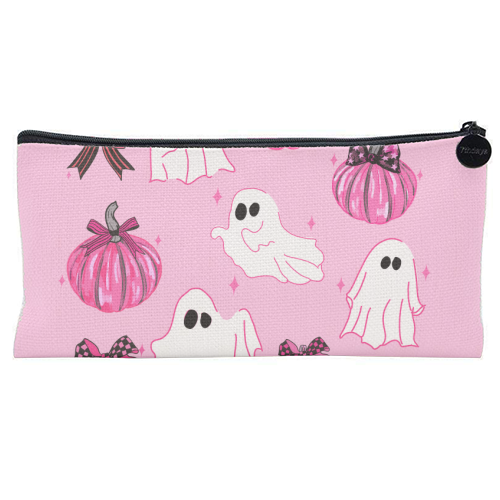 Pink Pumpkin and Ghost Coquette Pattern - flat pencil case by EZbie