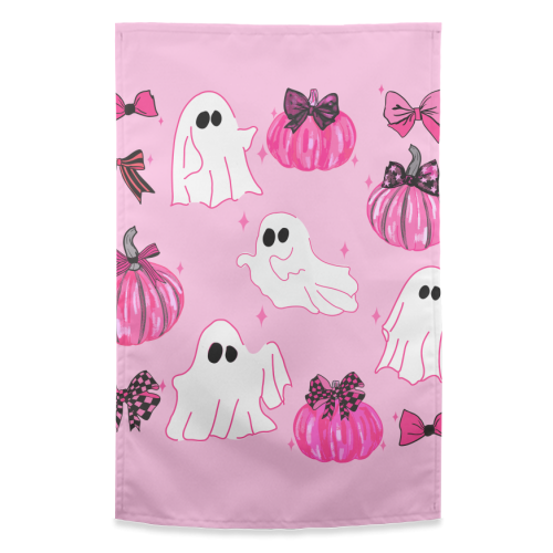 Pink Pumpkin and Ghost Coquette Pattern - funny tea towel by EZbie