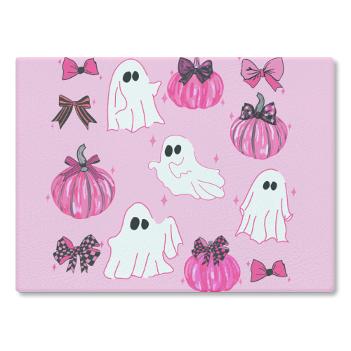 Pink Pumpkin and Ghost Coquette Pattern - glass chopping board by EZbie