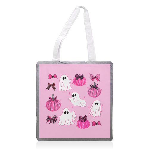 Pink Pumpkin and Ghost Coquette Pattern - printed canvas tote bag by EZbie
