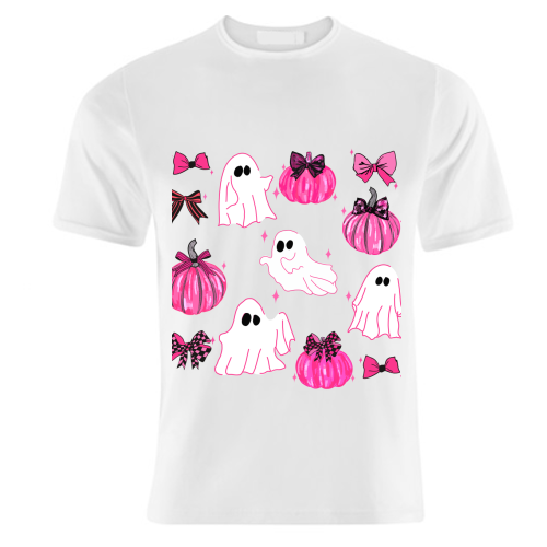 Pink Pumpkin and Ghost Coquette Pattern - unique t shirt by EZbie