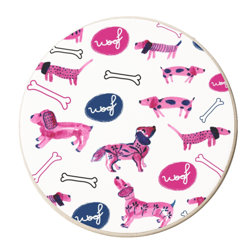Pink sausage dogs - personalised beer coaster by Michelle Walker