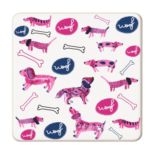 Pink sausage dogs - personalised beer coaster by Michelle Walker