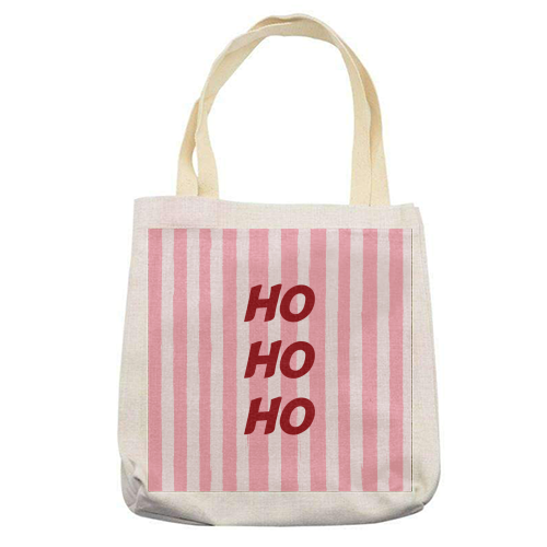 Pink Stripe HO HO HO Modern Christmas Design - printed canvas tote bag by EZbie