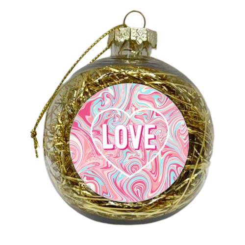 Pink & Turquoise Marbled Pattern Love Heart - xmas bauble by Adam Regester